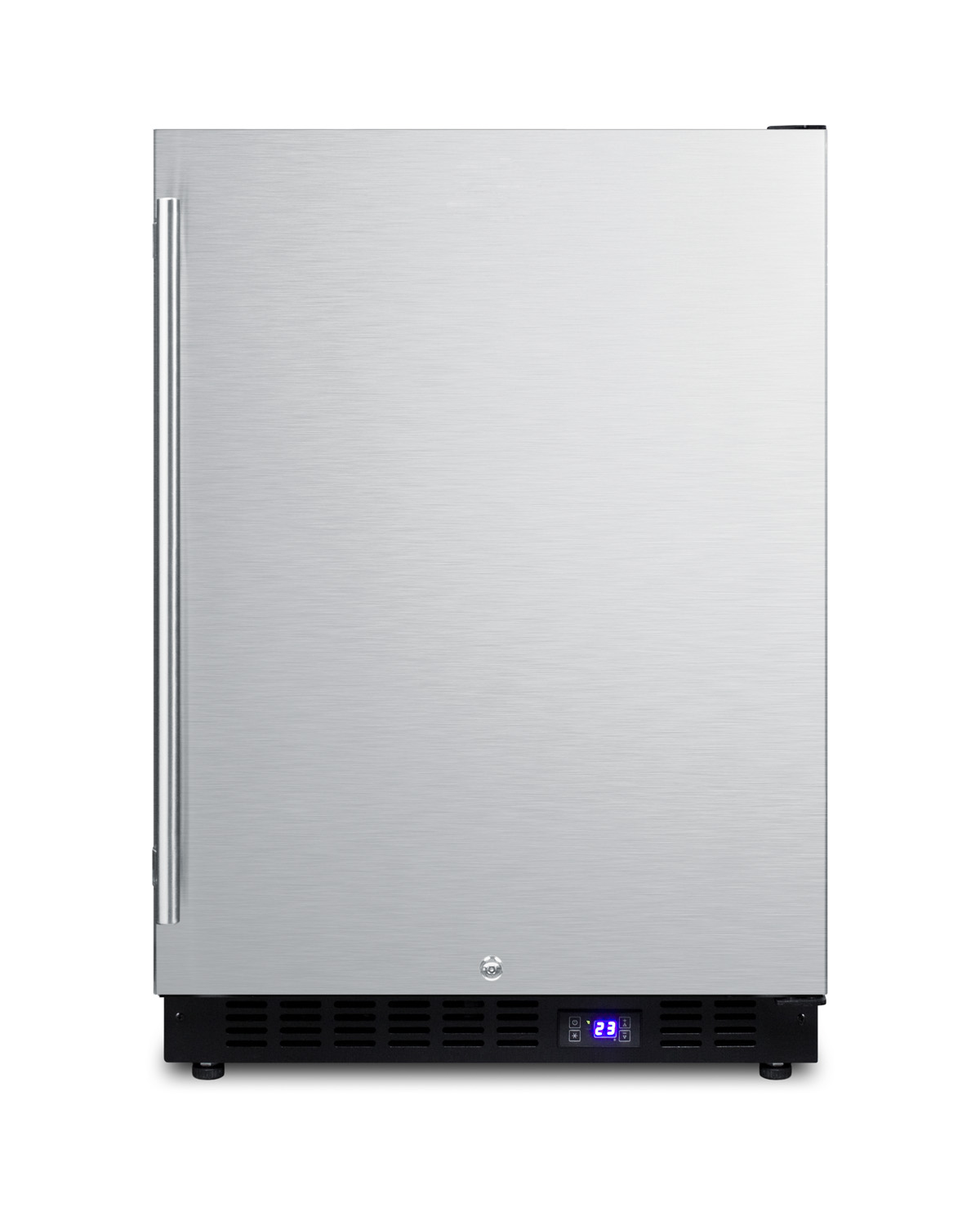 Frost-free outdoor all-freezer for built-in or freestanding use with black cabinet, stainless steel door, digital thermostat, LED lighting, and lock